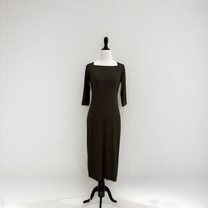 Vintage 90s Petite Dress Square Neck Column Stretch Dark Green Small Modest Midi